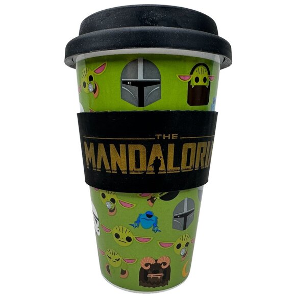 Star Wars Mandalorian Ceramic Travel Mug With Lid 16oz Baby Yoda Grogu Green 6in - Picture 1 of 9